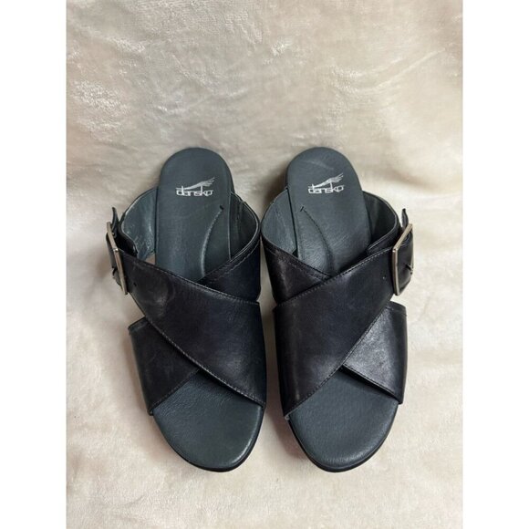 DANSKO Black Leather Chunky Wedge Cris-cross Strap Y2K Comfort Sz 40 US 9 - Picture 3 of 11